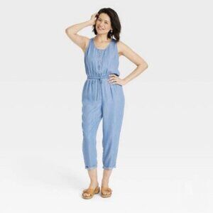 Knox Rose Women’s Large Lyocell Jumpsuit Blue Sleeveless Drawstring Casual Boho